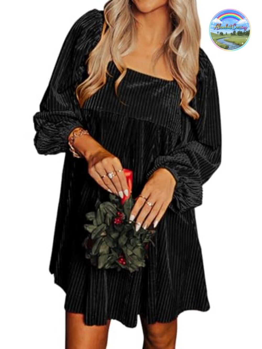 Womens Velvet Babydoll Mini Dress Square Neck Long Sleeve Holiday Party